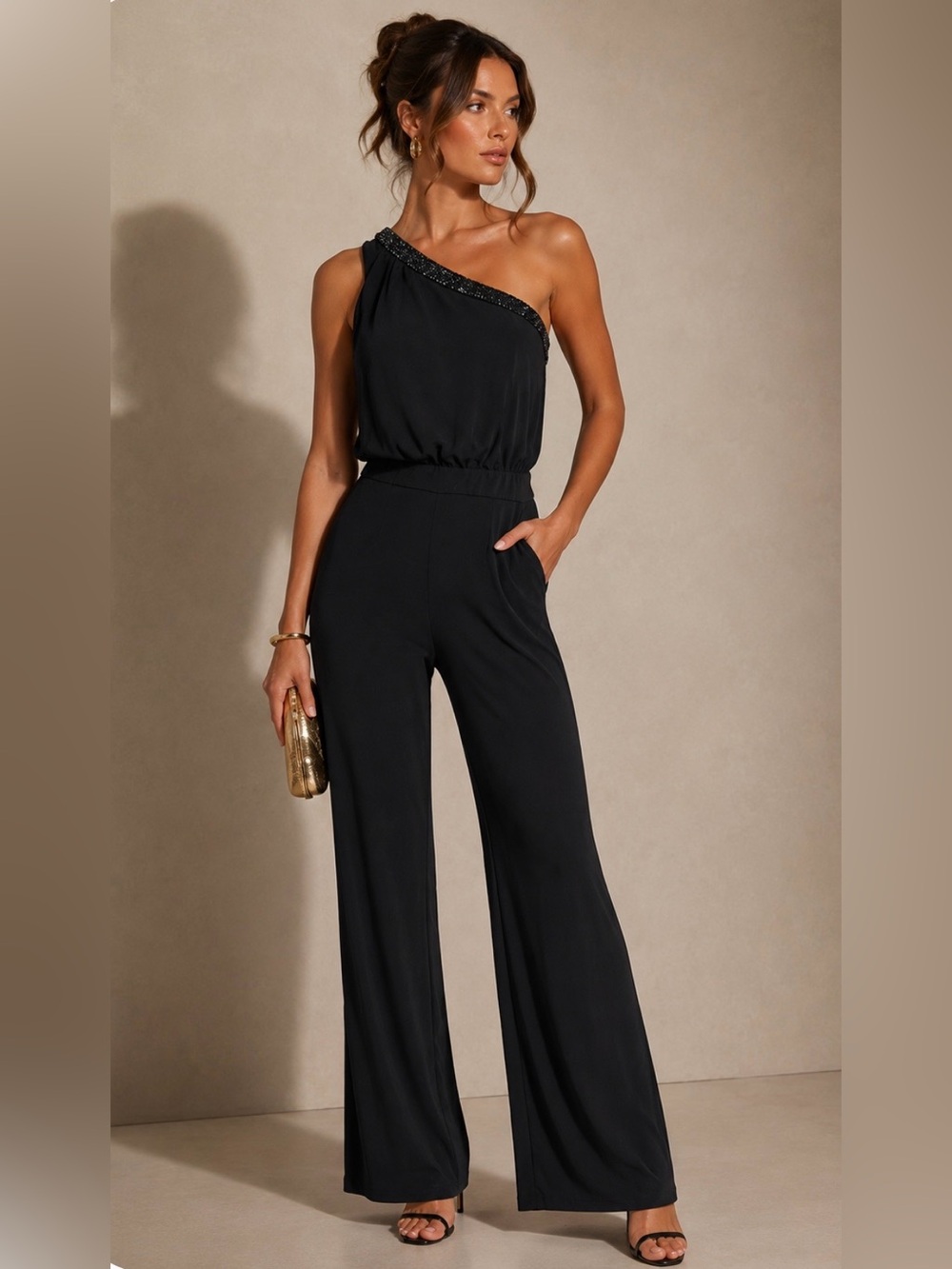 Laundry By Shelli Segal Black One-Shoulder Wide-Leg Jumpsuit with Beaded Trim